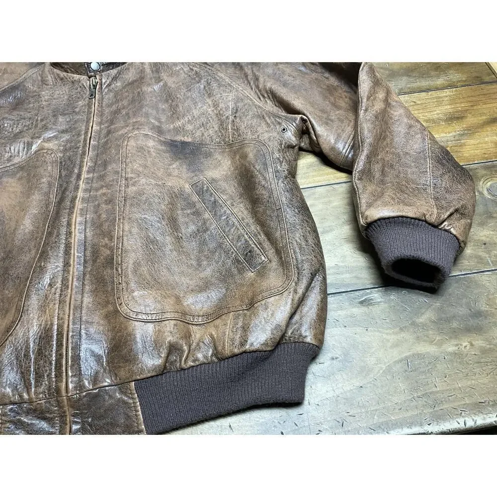 Context Vintage 90s Leather Bomber Jacket Brown Size Aztec Lining Full Zip XLT